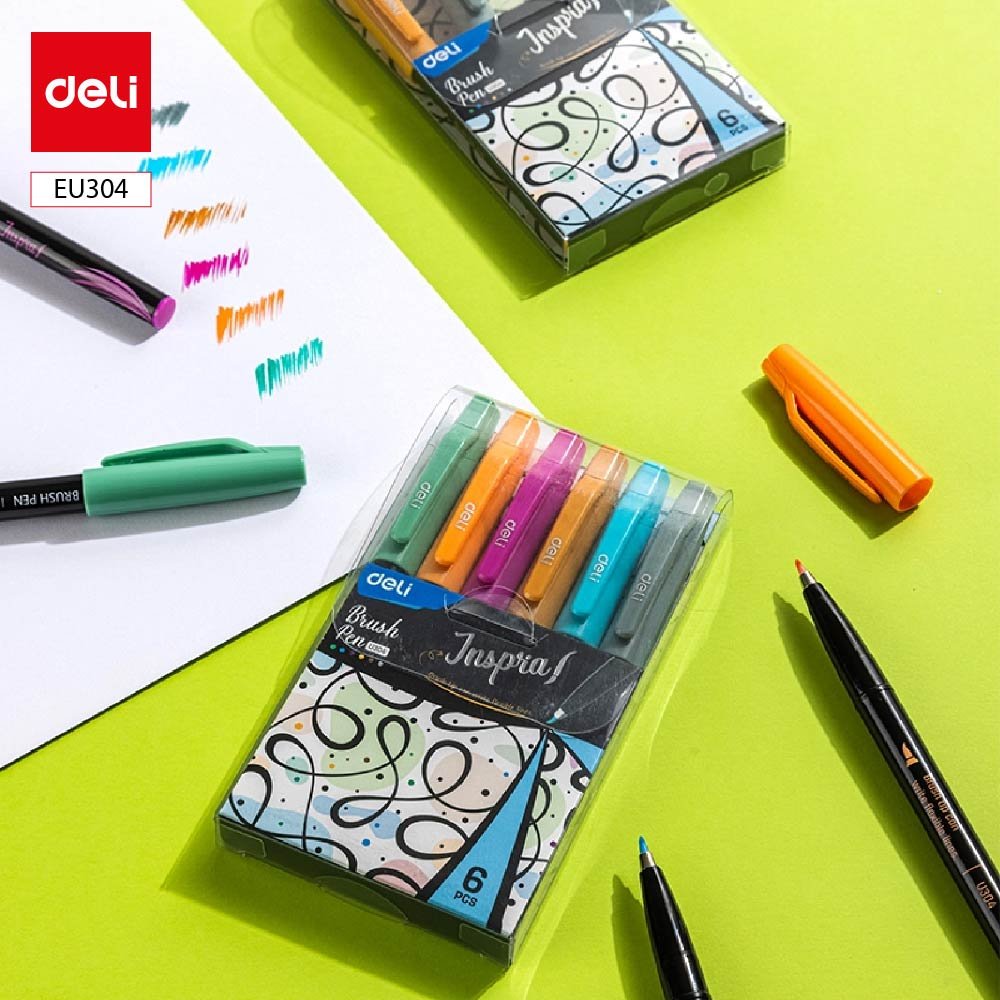 ديلي قلم حبر - رأس ريشة - ألوان لايت - (رمادي - برتقالي - نهدي- بني - أخضر - أزرق) EU304